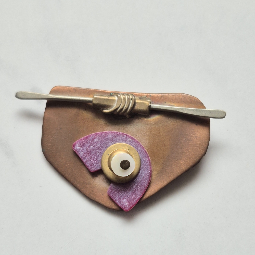 Vintage Mid-Century Modern Copper Abstract Brooch Mixed Media Modernist